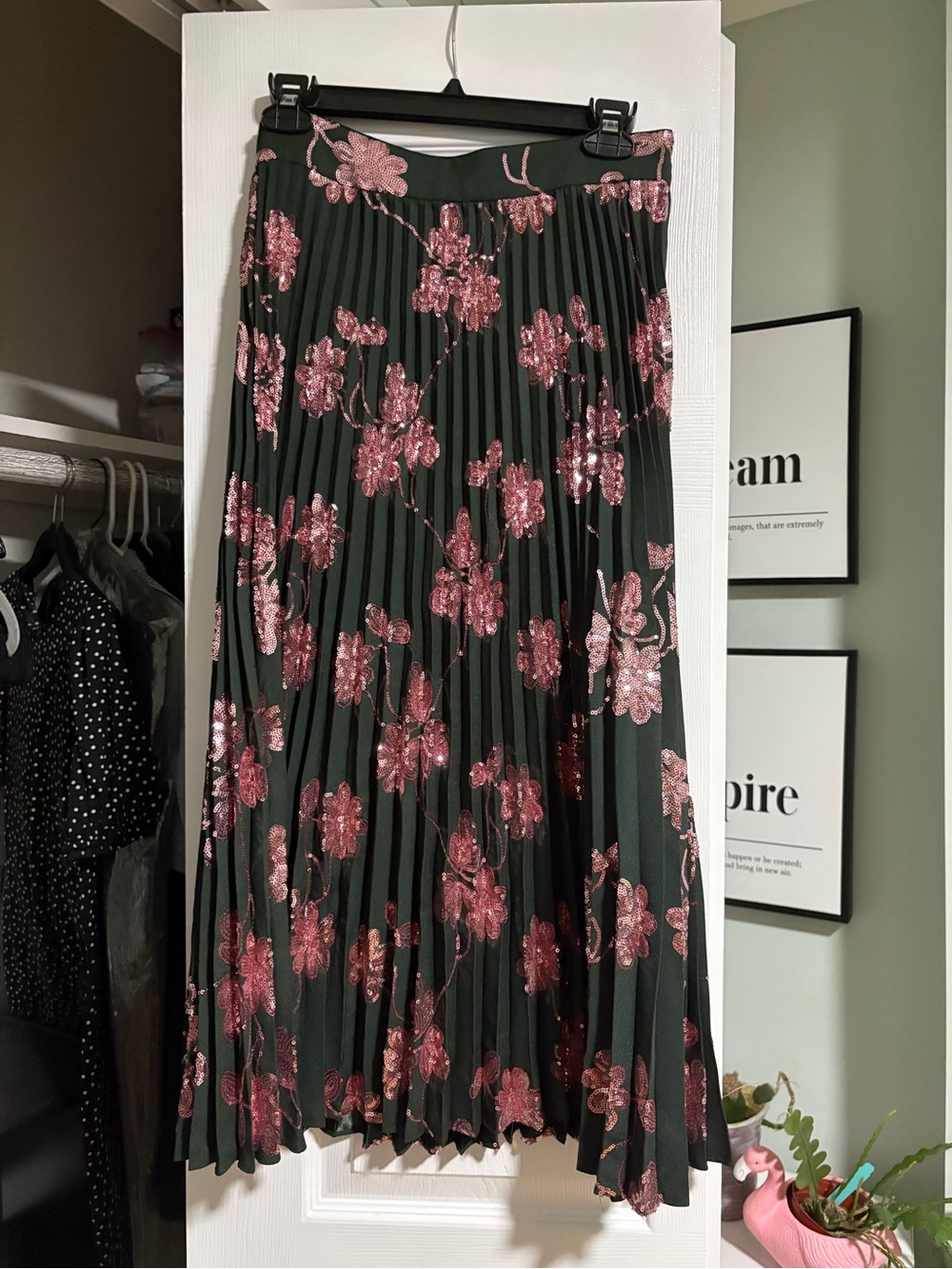 Milly Pleated Dark Green Skirt with Pink Floral Sequin Embroidery